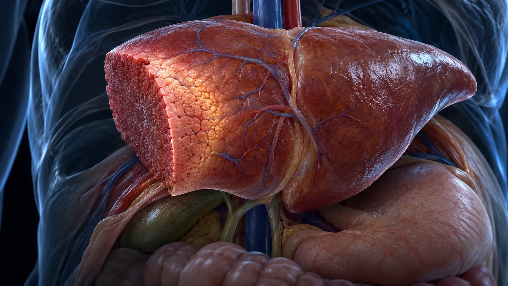 Cinematic anatomical cutaway of a human liver with a smooth surgical resection edge and warm light highlighting new tissue growth