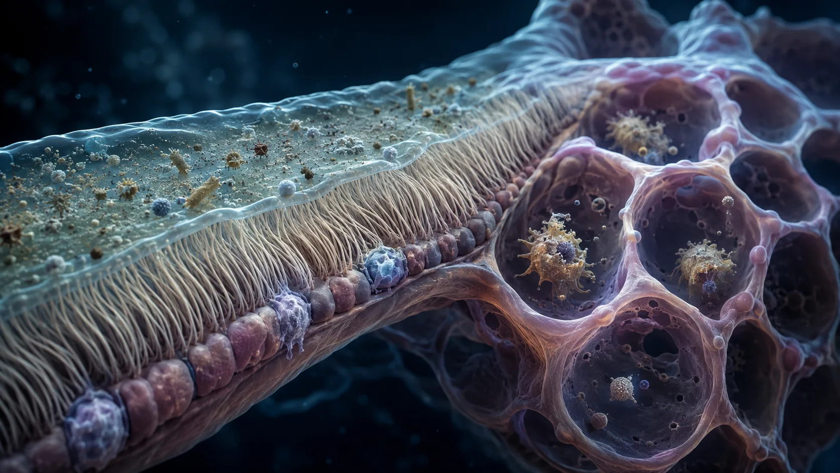 Cutaway of a human airway and alveoli showing mucus, cilia and immune cells intercepting inhaled particles