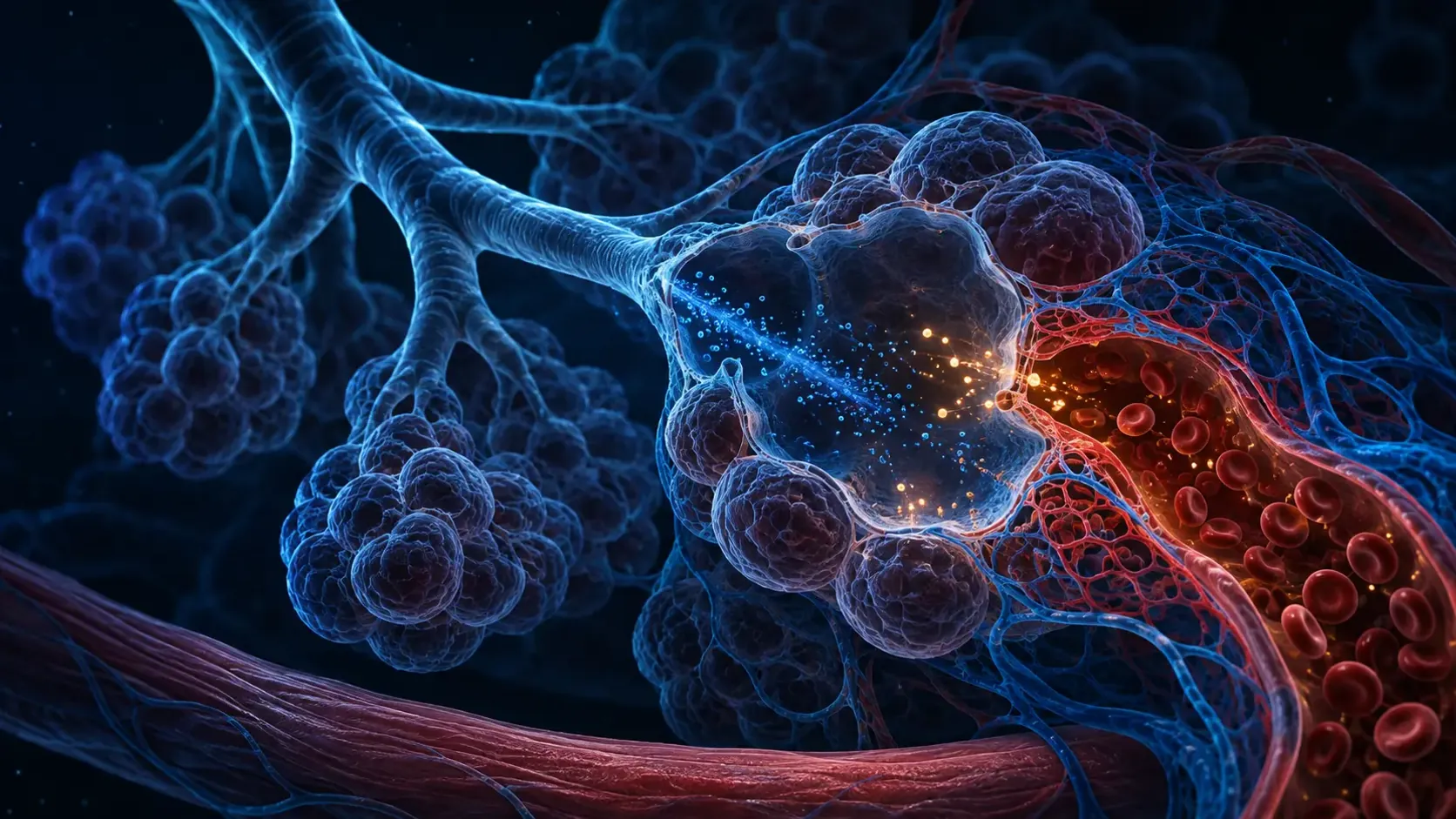 Branching airways ending in alveoli beside capillaries as oxygen enters blood and carbon dioxide leaves it