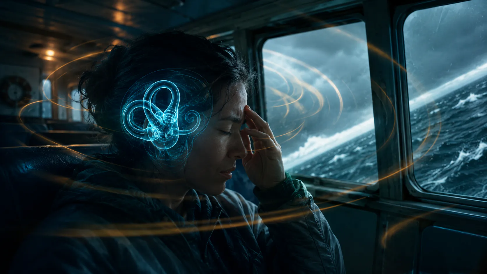 Passenger in a moving ship cabin as the tilted horizon conflicts with luminous inner-ear balance signals