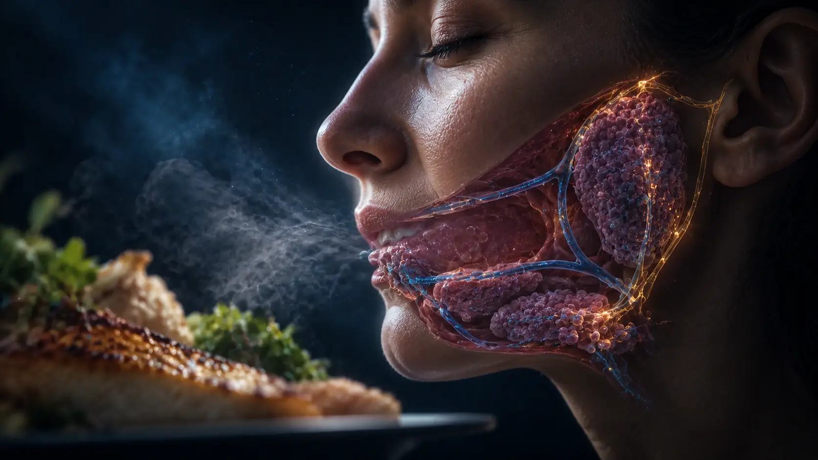 Profile cutaway of a person smelling a hot meal with detailed salivary glands, cyan ducts and amber nerve signals
