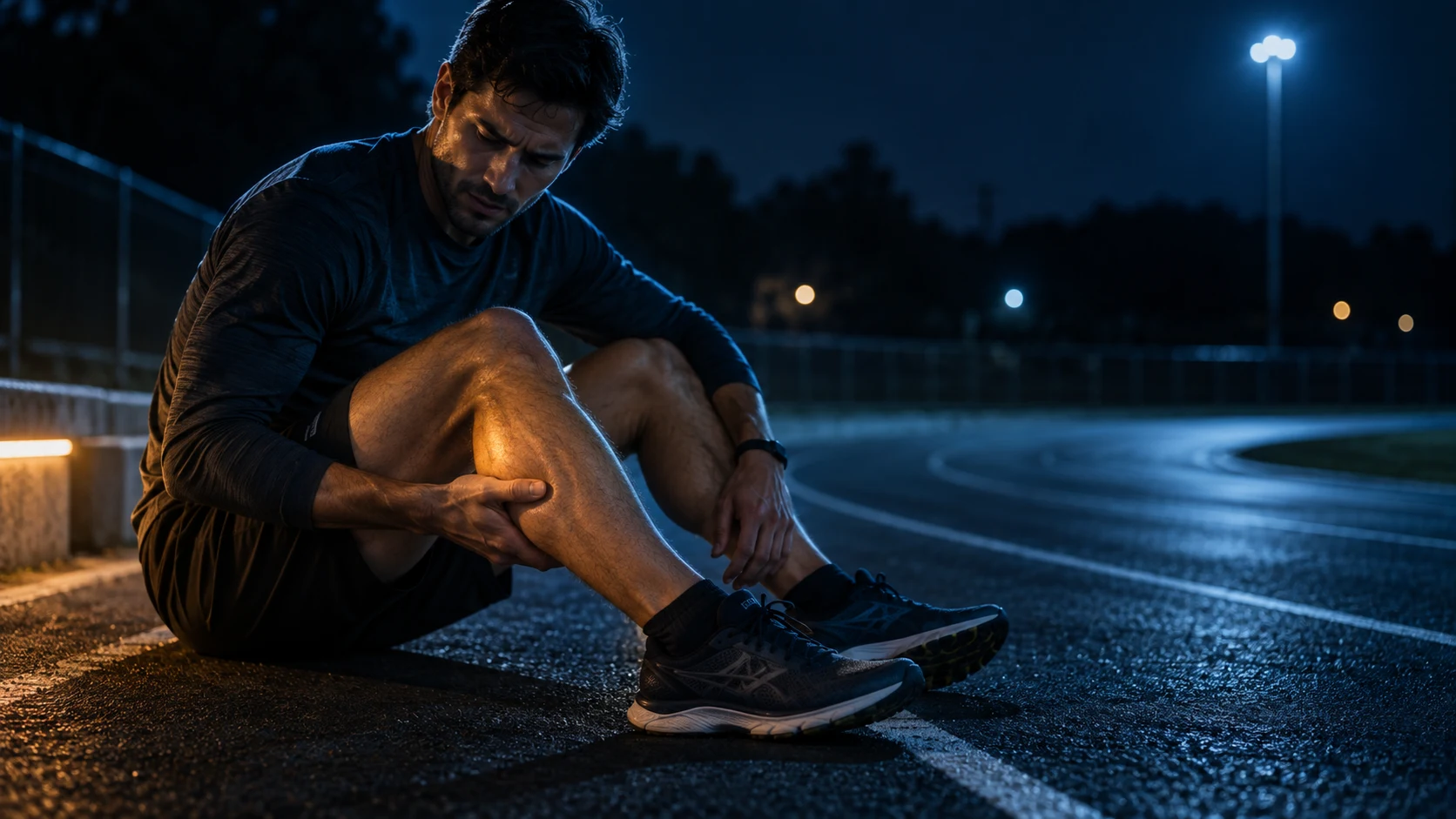 A runner seated on a dark track holding a suddenly cramped calf under cool blue and restrained amber light