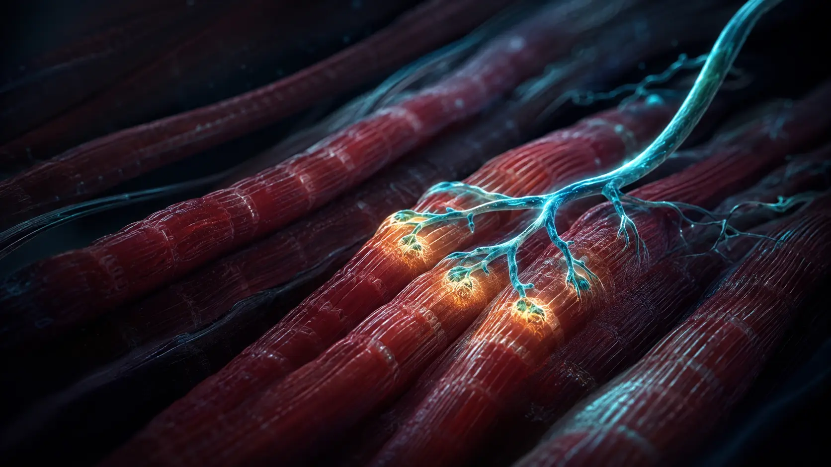 Parallel cyan muscle fibers with one small motor unit pulsing amber beneath the skin