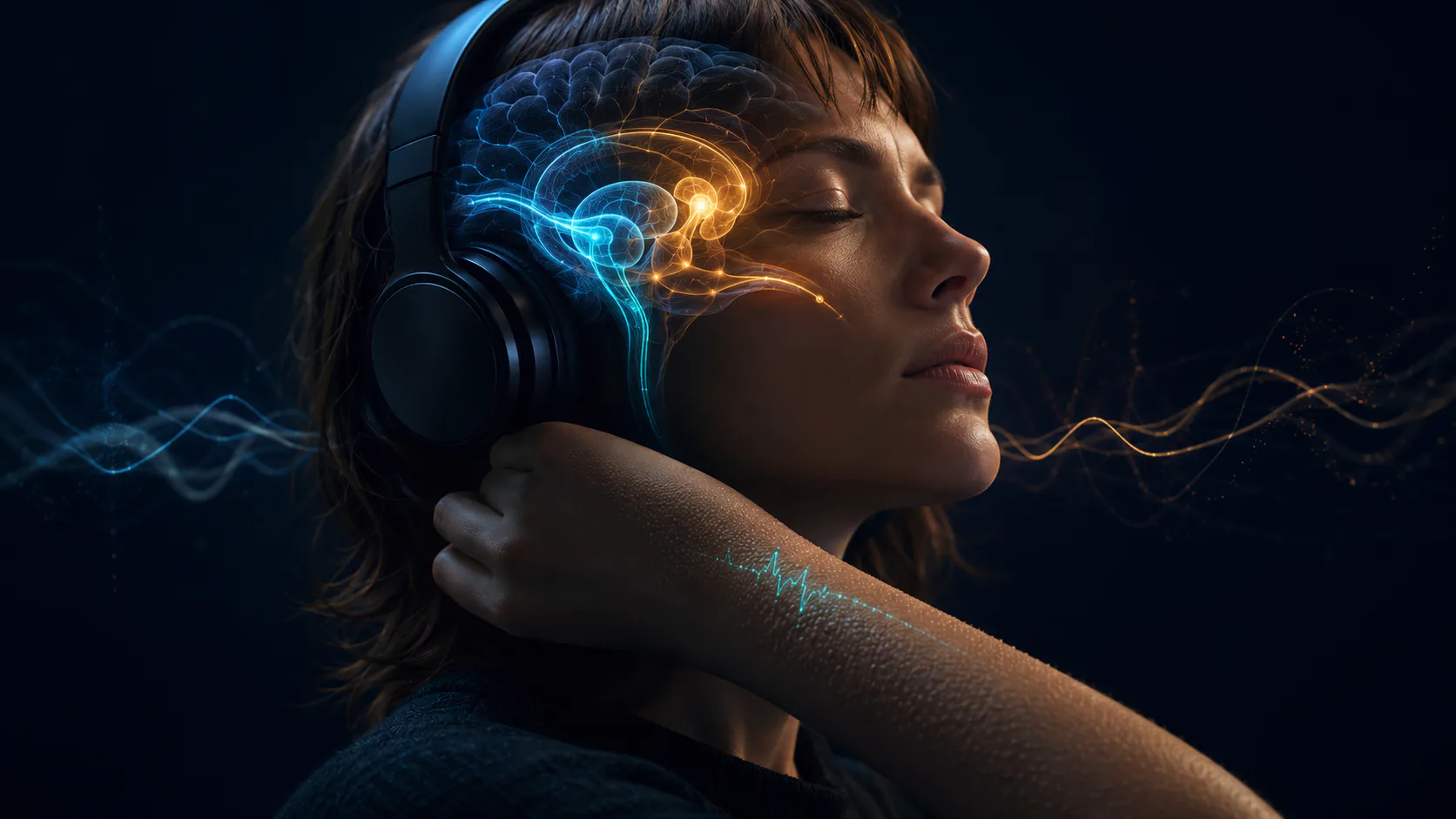 A listener in darkness with cyan sound waves, amber reward signals and visible goosebumps on the forearm