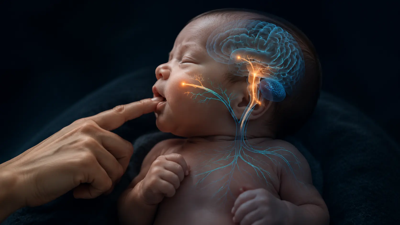 Calm newborn responding as a caregiver touches the mouth, with cyan brain and nerve pathways and amber reflex activity