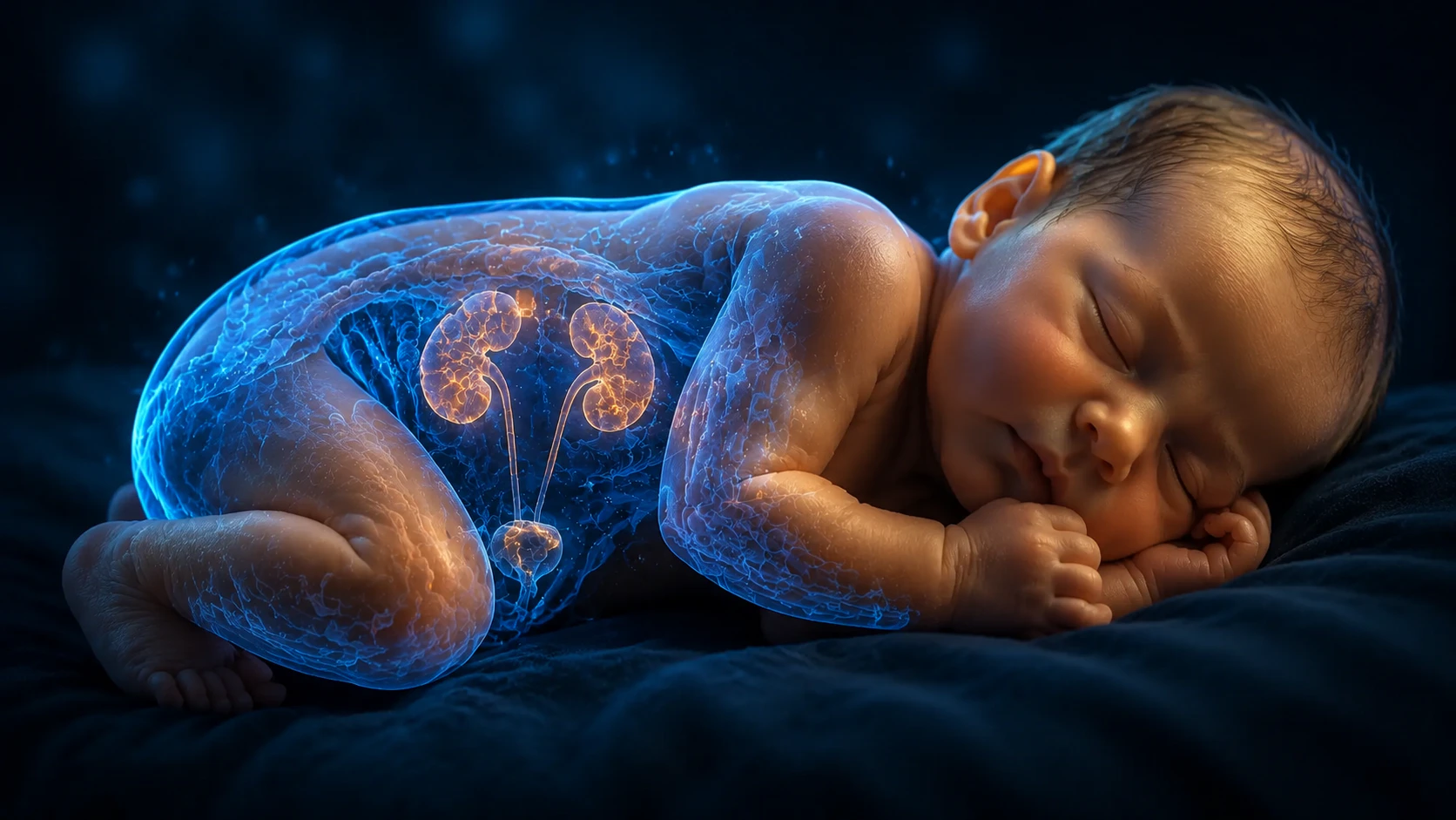 Healthy sleeping newborn with a subtle cyan body-fluid visualization and anatomically placed glowing kidneys