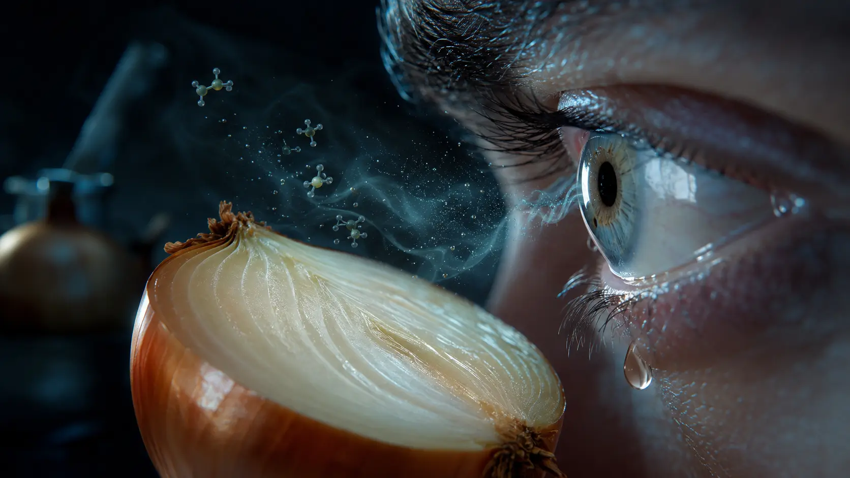 A sliced onion releasing amber vapor toward a cyan-outlined eye with a single tear