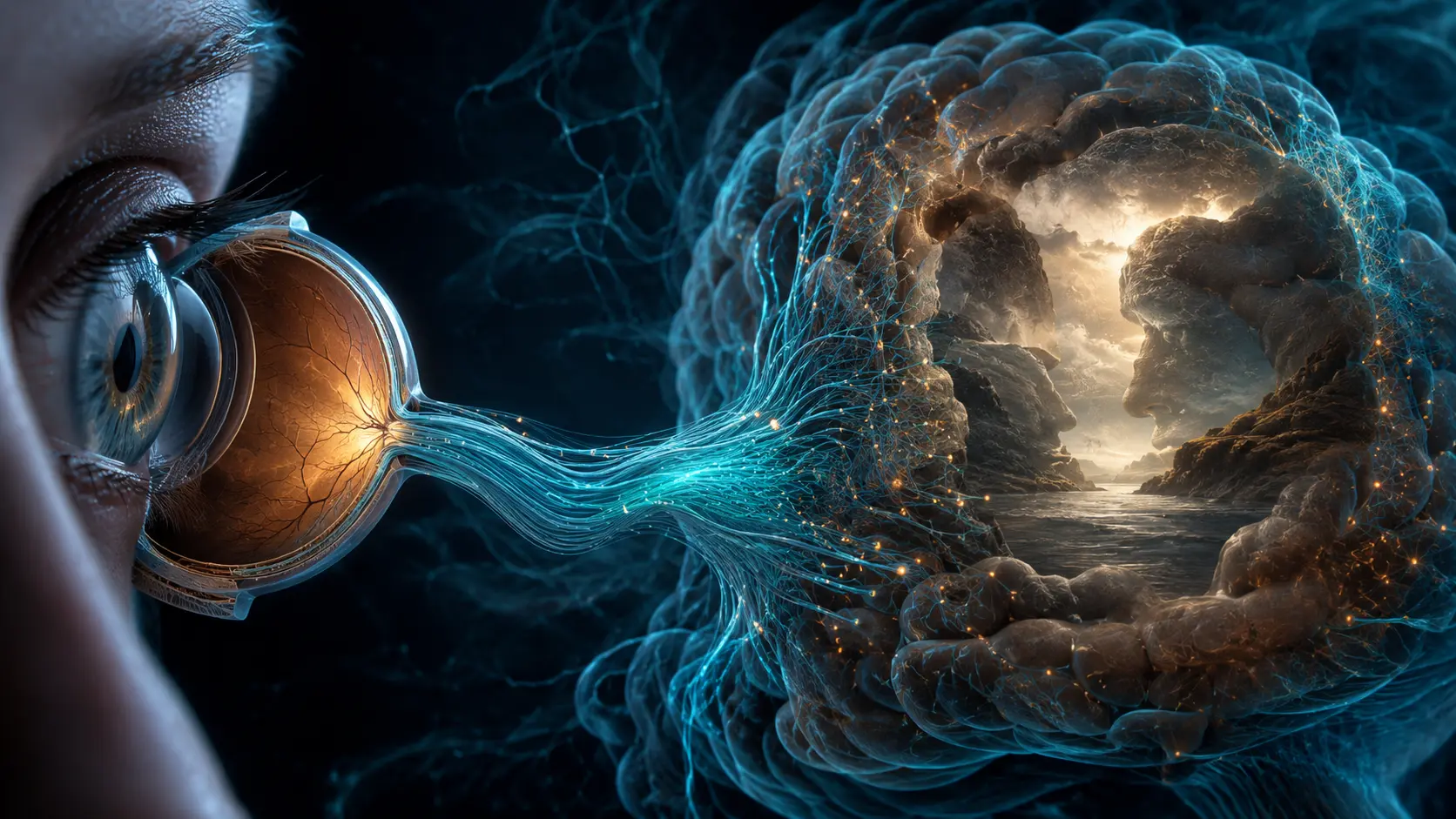Human eye connected to layered cyan visual pathways interpreting an ambiguous luminous geometric form in a dark scene