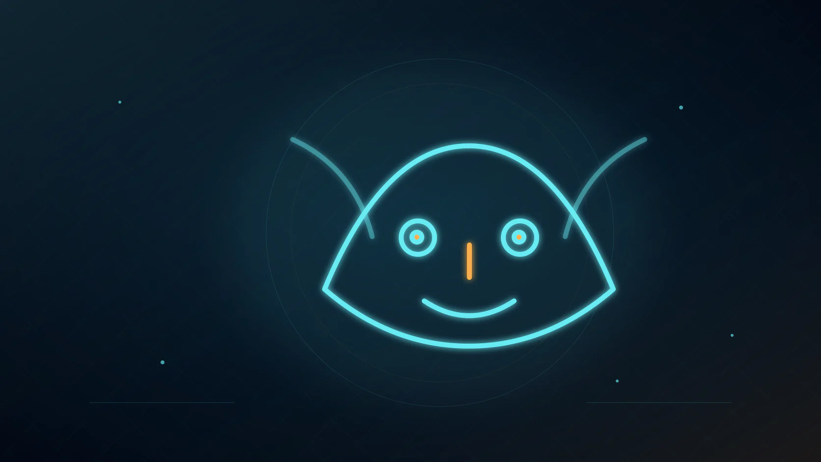 Three simple marks on a dark object becoming a glowing face pattern inside a cyan visual pathway