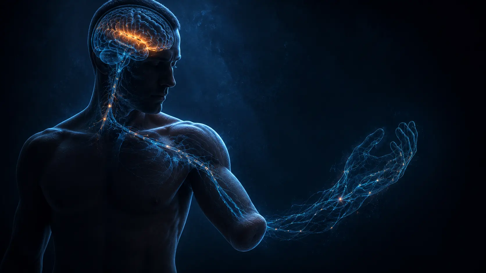 Respectful adult with a missing forearm represented by a faint cyan body-map trace and corresponding sensorimotor brain activity