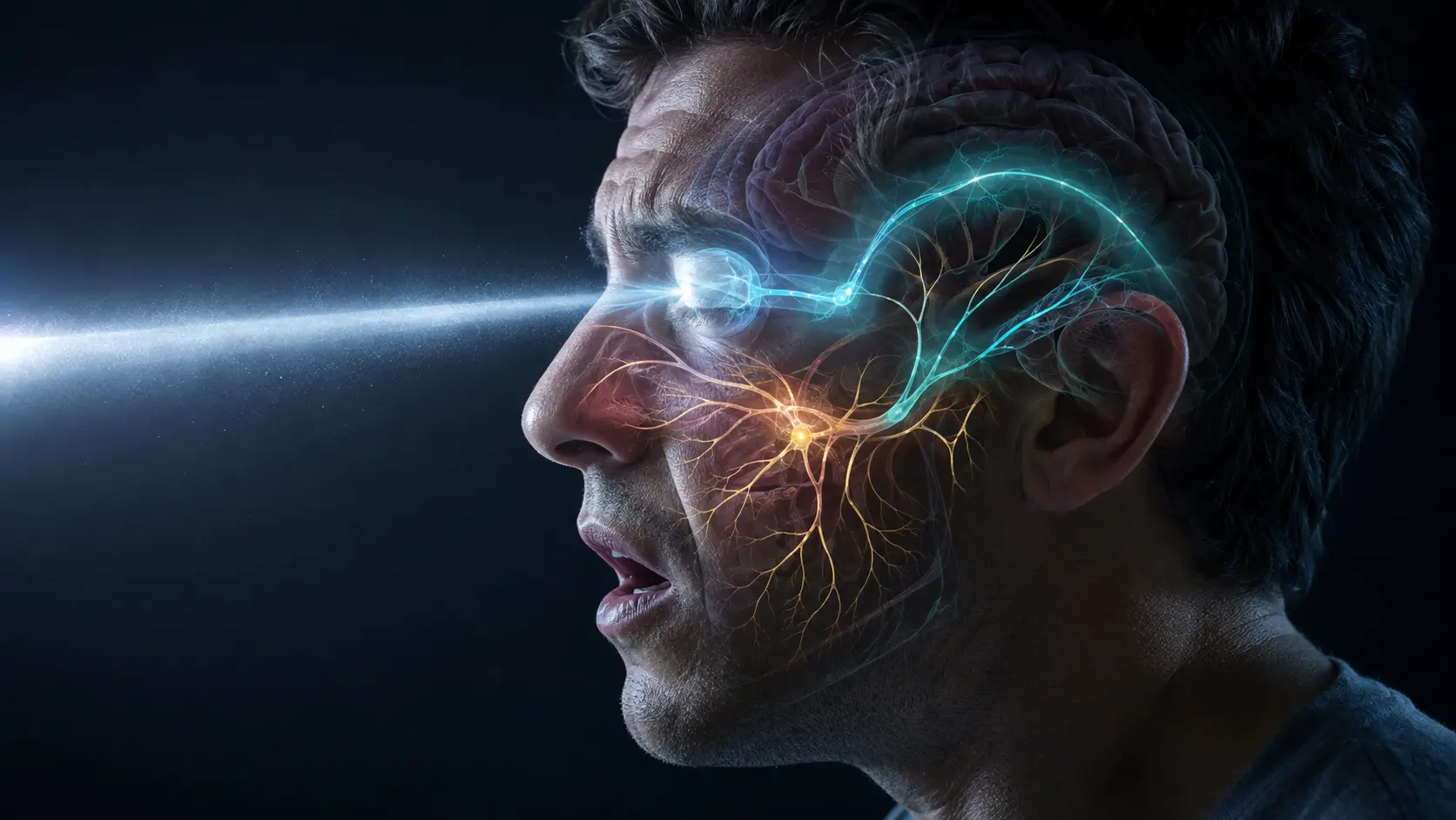 A face turning toward a bright amber beam while cyan optic and trigeminal pathways converge