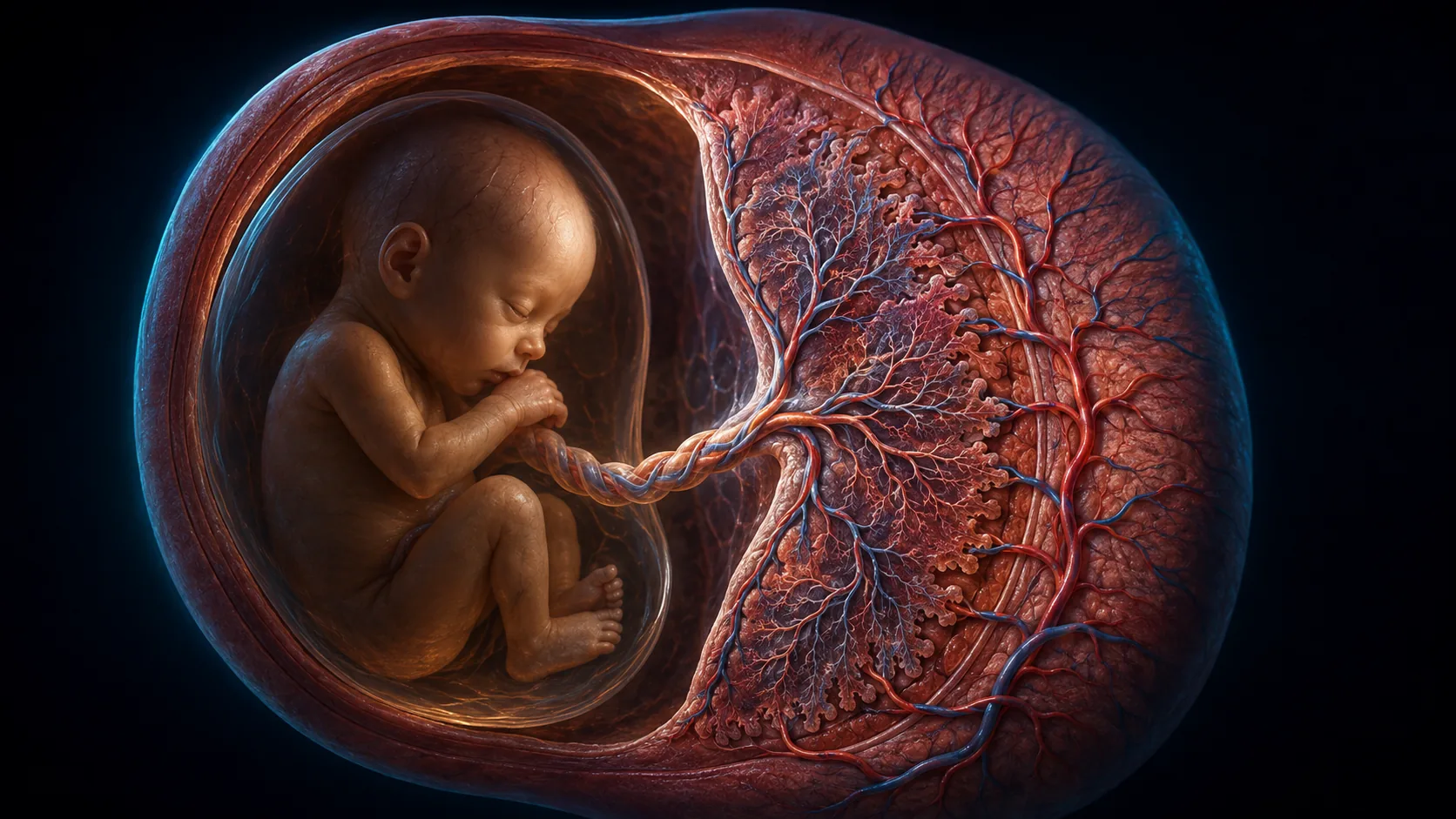 Uterine cutaway showing the placenta, umbilical cord and separate maternal and fetal blood vessels at the exchange surface