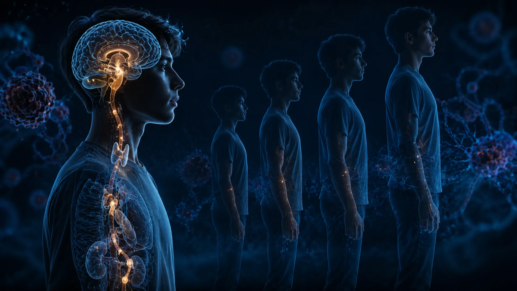 Adolescent silhouettes at different growth stages beside a glowing hypothalamus-pituitary endocrine pathway