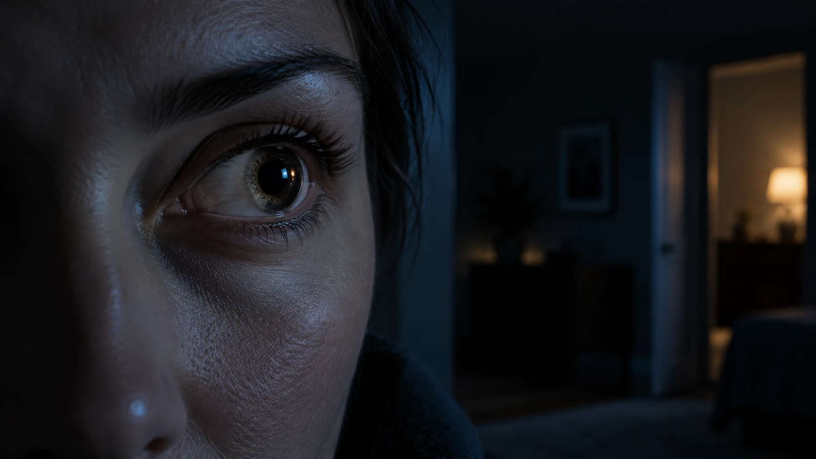 Close view of a naturally enlarged pupil in a dim room with blue and warm reflections