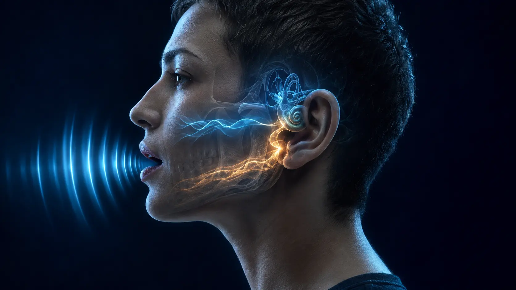 Air-conducted and bone-conducted paths carrying a speaker’s voice toward the ear