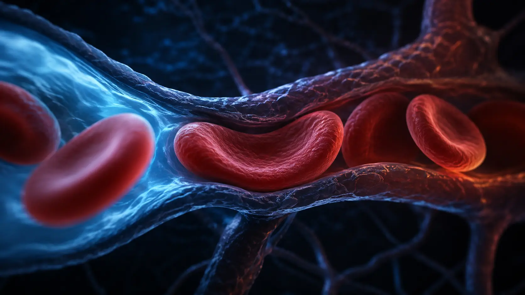 Healthy biconcave red blood cells bending through a narrow capillary from cool blue light toward warmer tissue