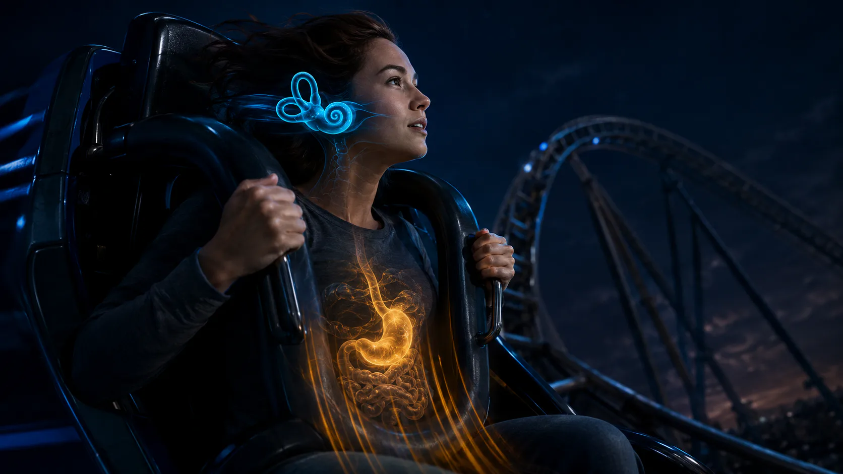 A roller-coaster car cresting a dark drop with cyan acceleration lines and a subtle anatomical torso overlay