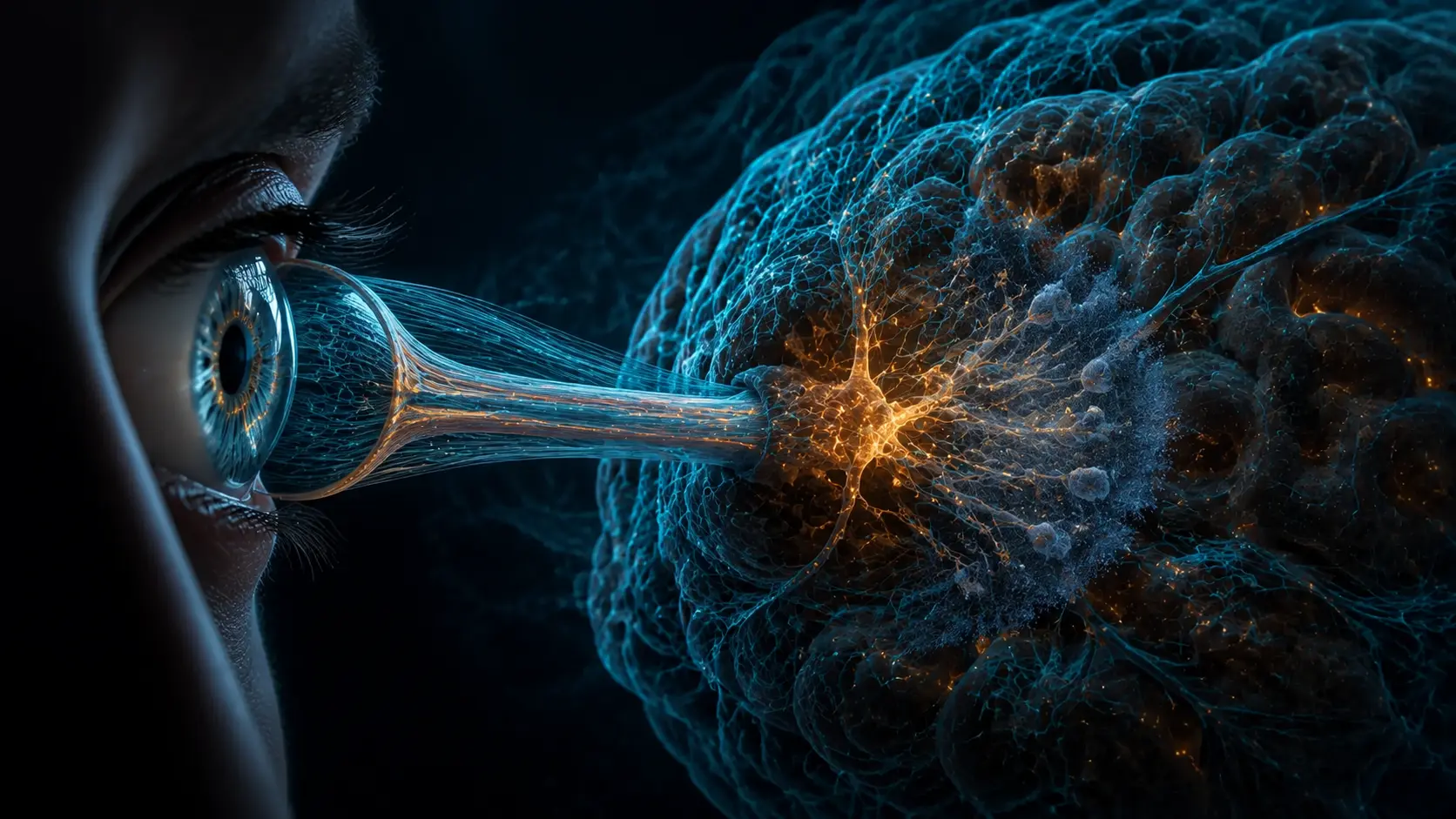Cinematic close-up eye sending cyan optic signals into a dark brain network with restrained amber activity during a saccade
