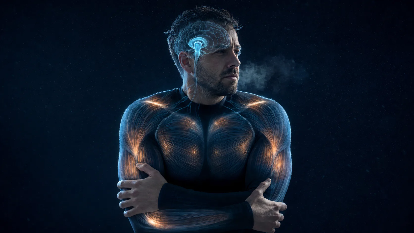 A person in cold air with cyan motor signals across the shoulder muscles and amber heat at the body core