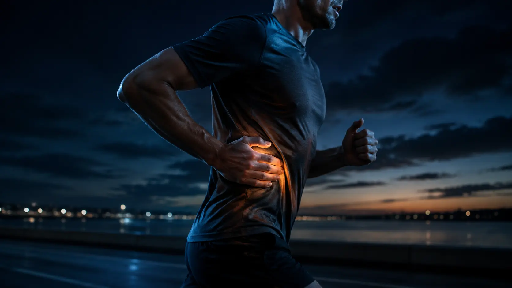 Runner pressing one hand against the right side of the abdomen during an evening jog
