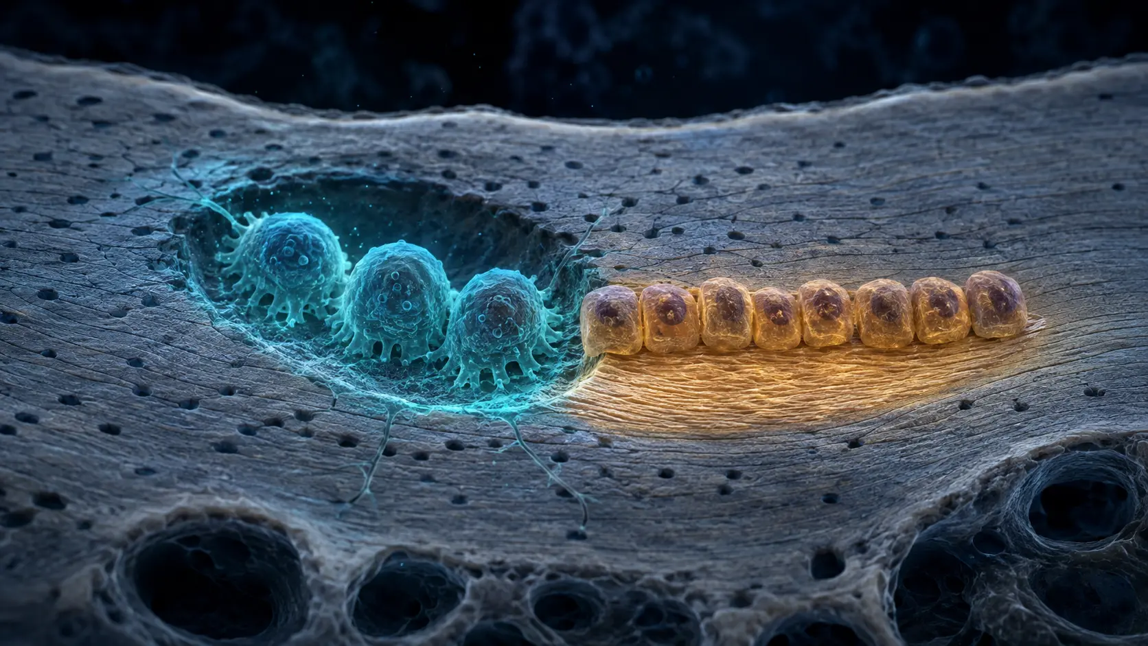 A cutaway of living bone with cyan osteoclasts removing damaged matrix and amber osteoblasts laying down new tissue