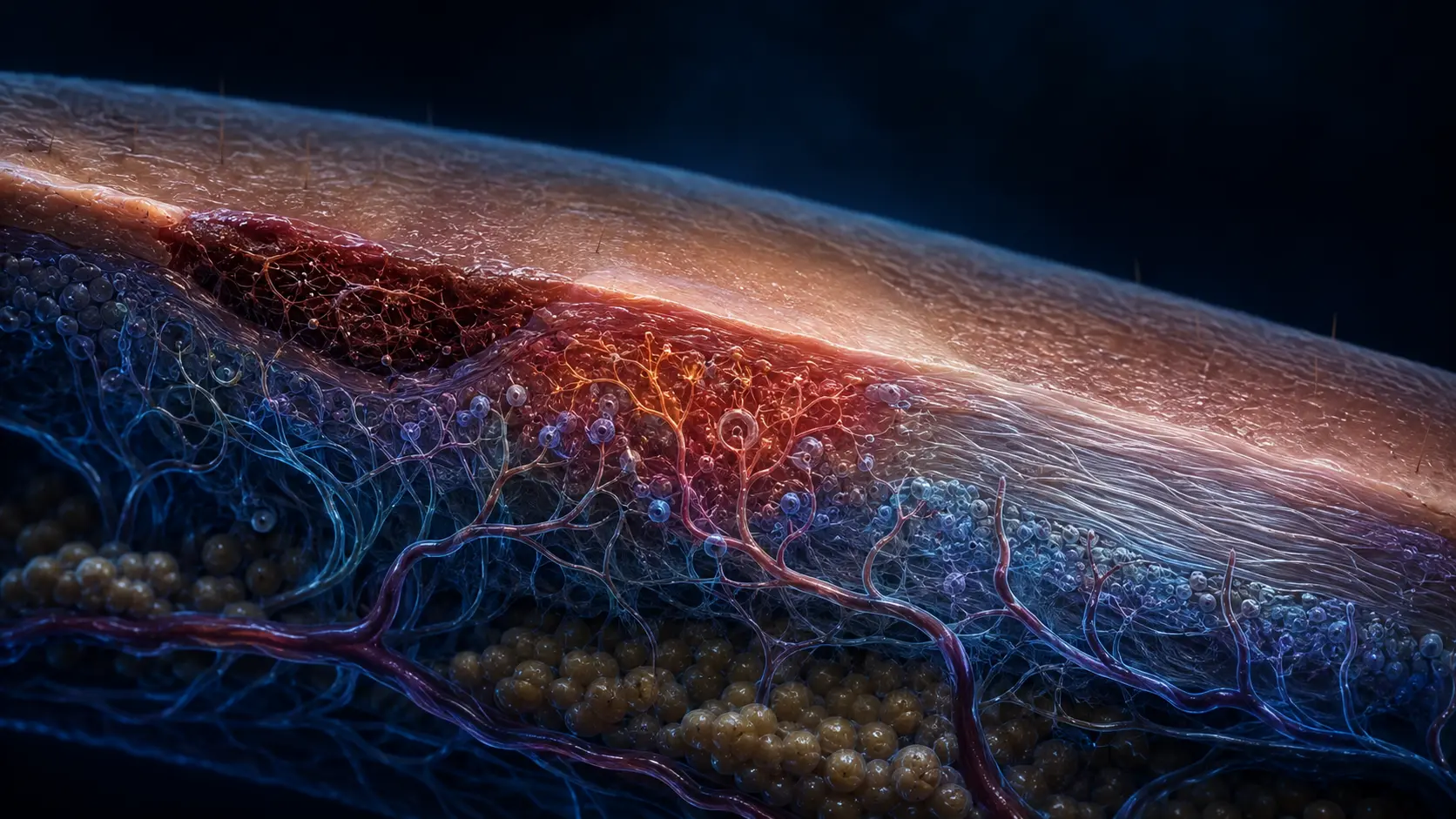 Non-gory macro skin cutaway showing a clot, new tissue growth and remodeled collagen forming a narrow scar