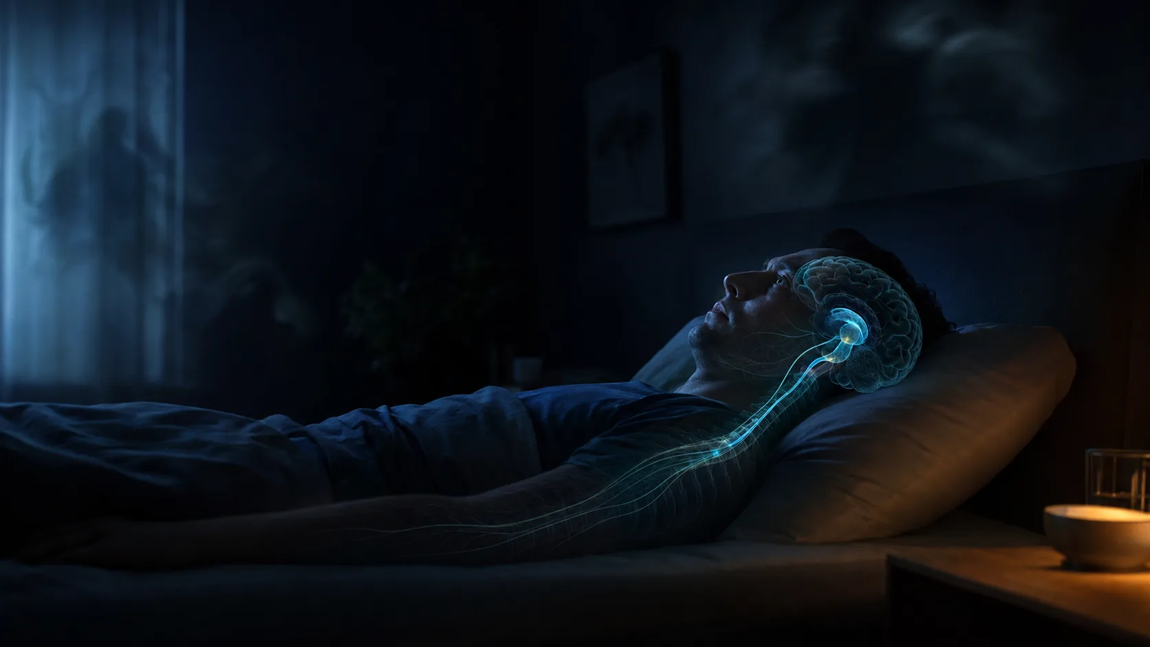 Awake person lying still in bed with a subtle overlay of REM brainstem pathways inhibiting body movement