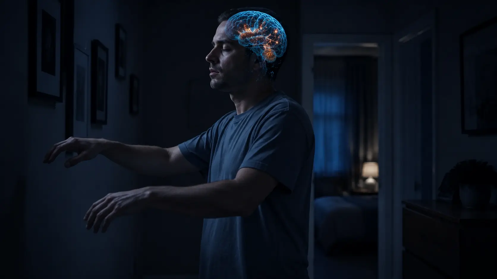Adult sleepwalking through a dark home hallway with a translucent cyan brain and restrained amber activity overlay