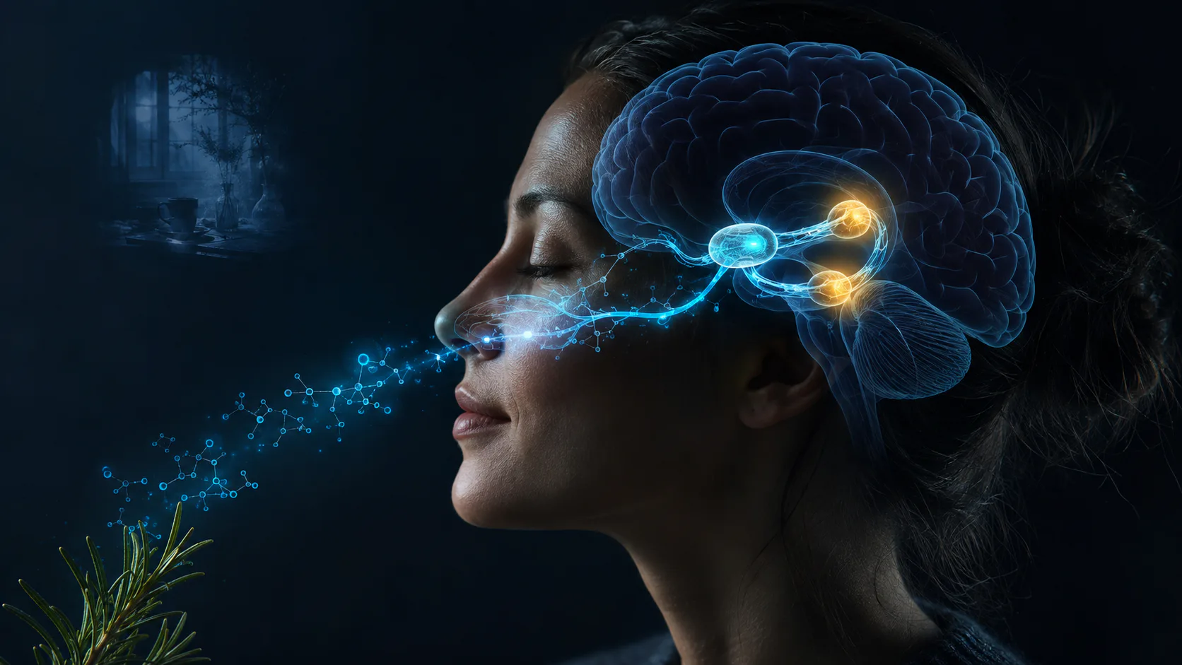 A person smelling a familiar object as a cyan olfactory pathway opens into a warm remembered room