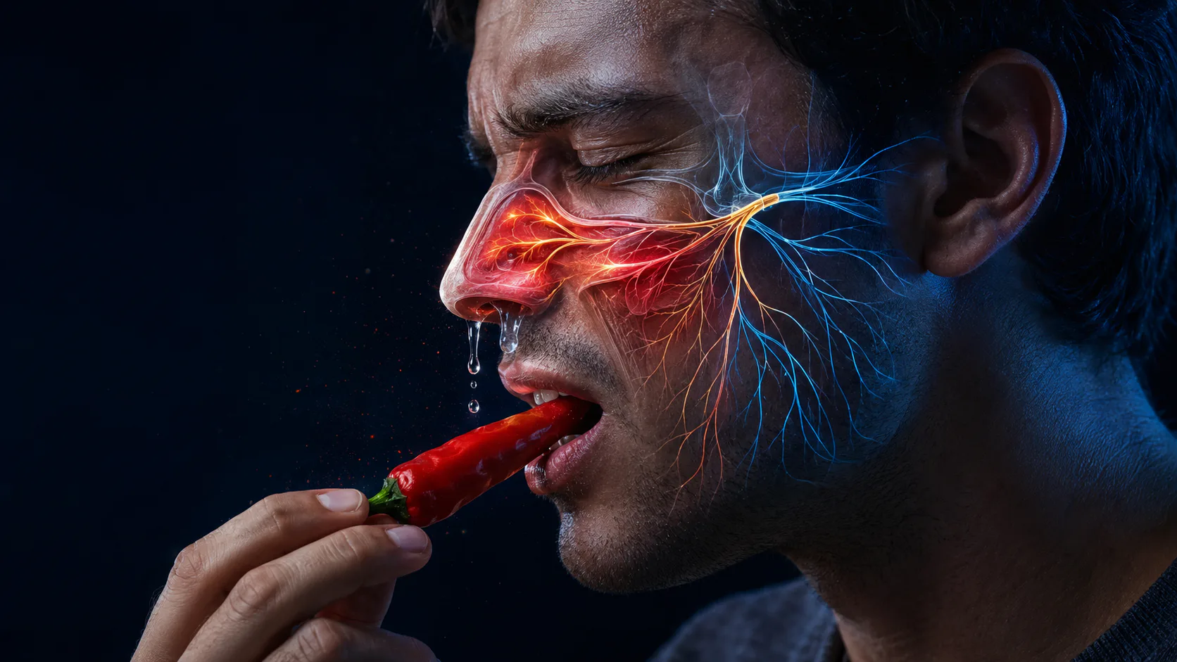 A person tasting a red chili as a cyan nerve signal travels from the mouth toward the nose