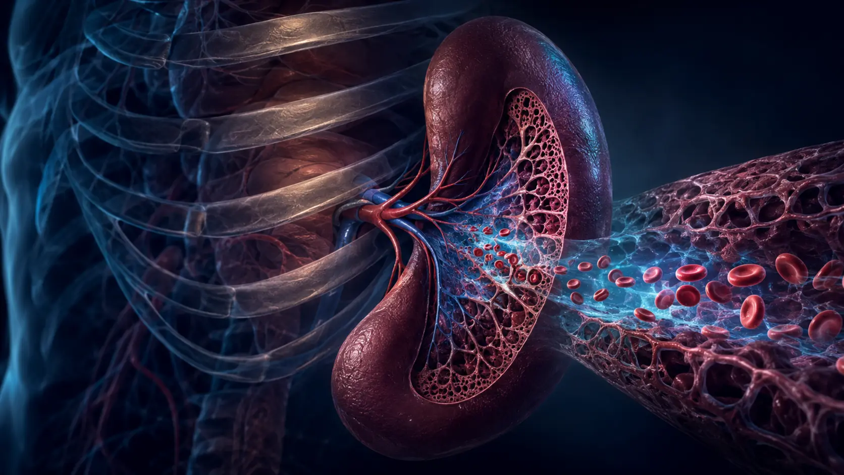 A cinematic anatomical view of the spleen beneath the left ribs with red blood cells moving through cyan filtration channels
