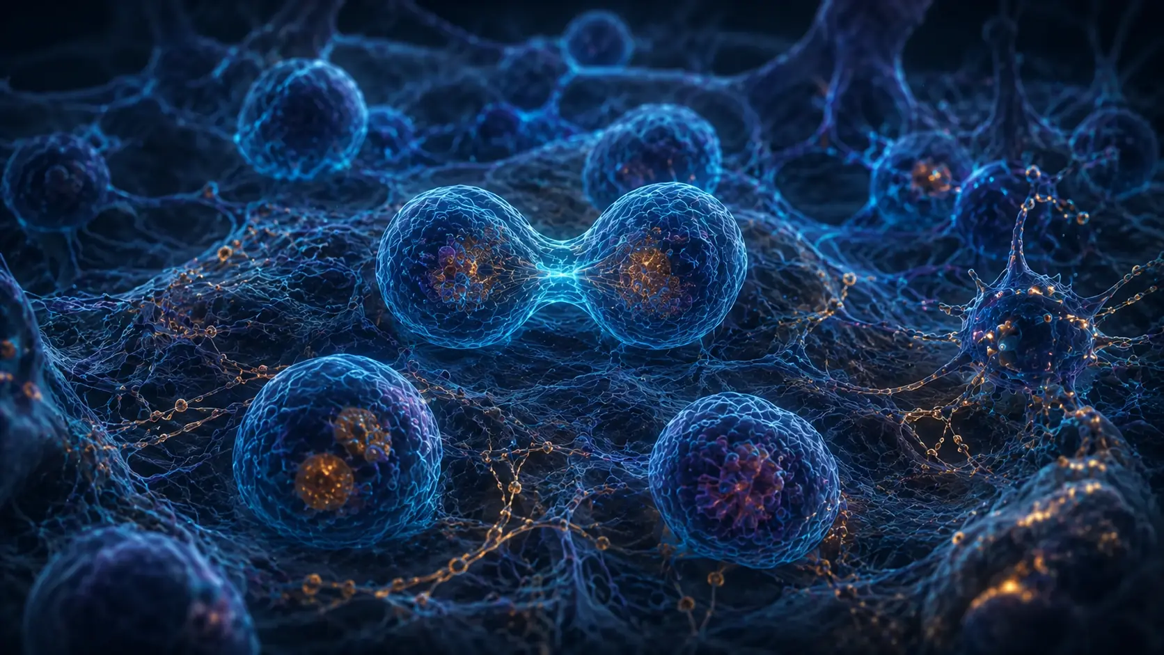 High-detail stem cell dividing within a dark blue tissue niche surrounded by daughter cells and amber molecular signals