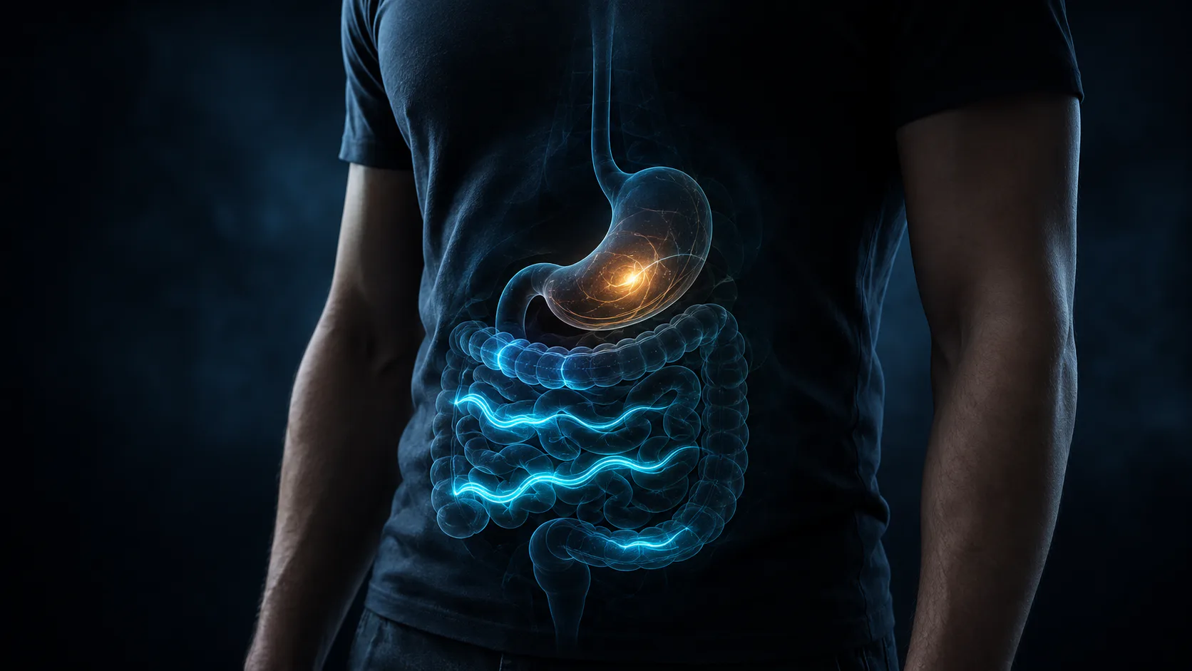 A dark anatomical view of the stomach and small intestine with cyan waves showing fasting contractions