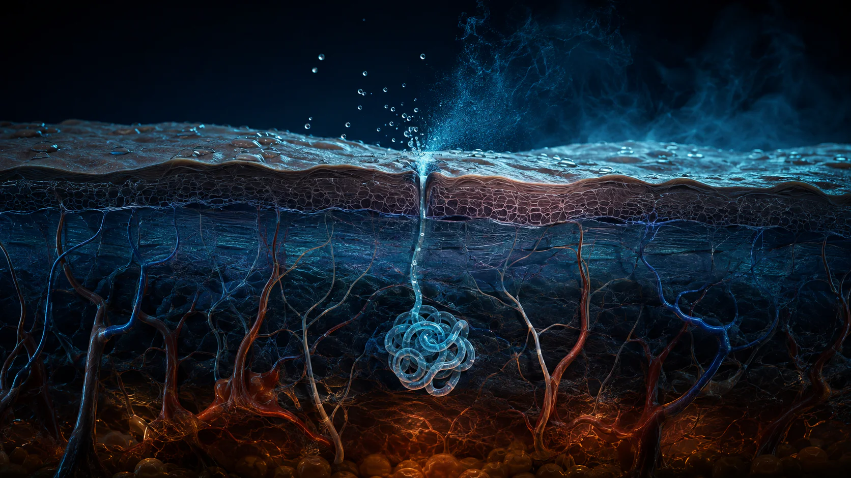 Cross-section of skin showing a coiled eccrine sweat gland, its duct and droplets evaporating from a surface pore