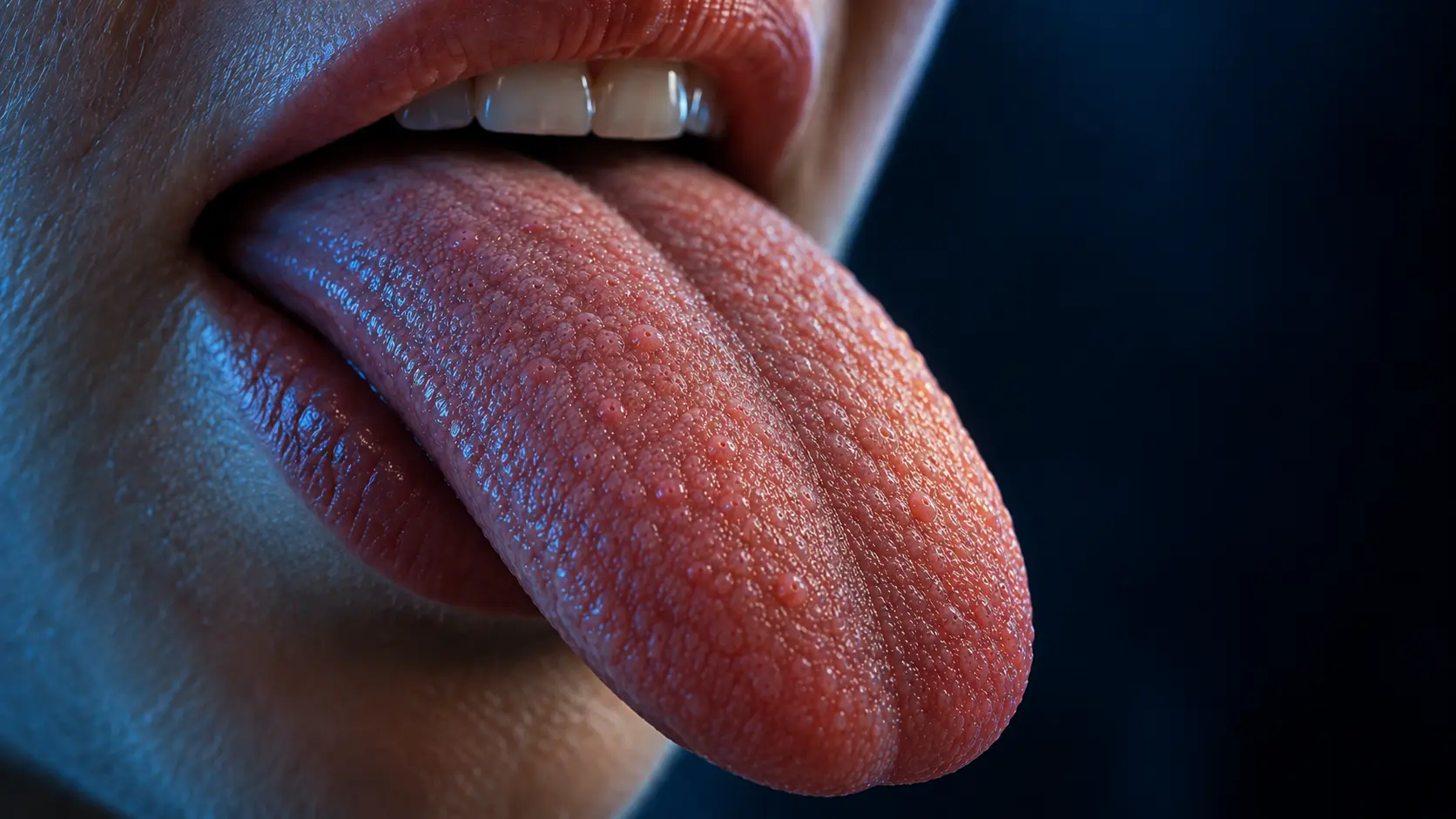 Macro view of a healthy human tongue showing natural papillae under controlled blue and amber light