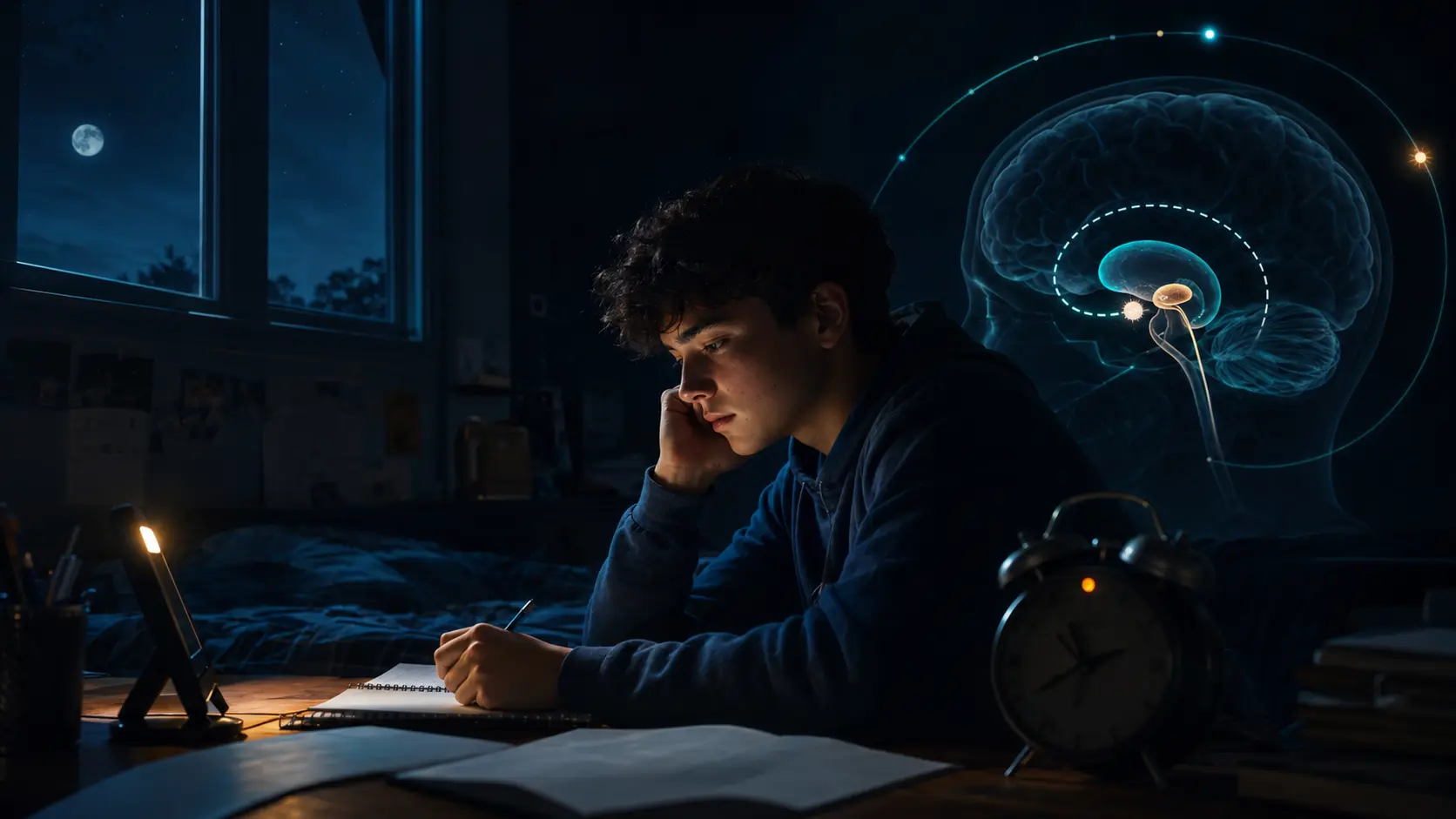 A teenage silhouette between an amber late-night moon and a cyan early alarm clock with a shifted circadian curve