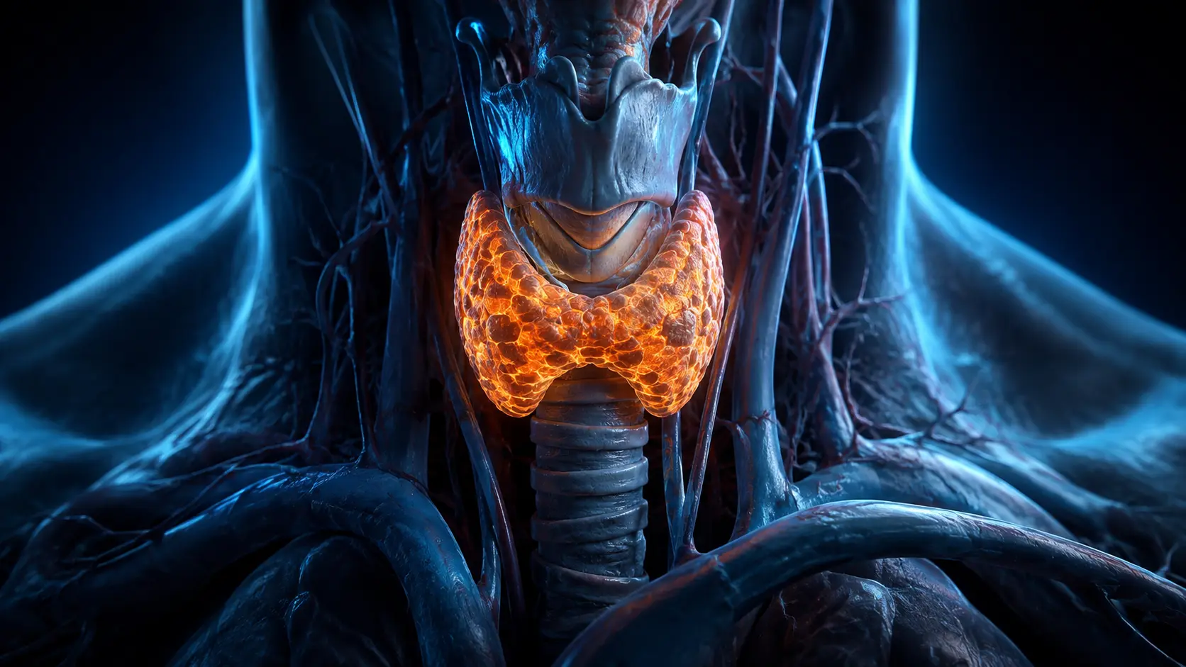 Detailed neck cutaway showing the butterfly-shaped thyroid wrapped around the trachea with amber follicular activity
