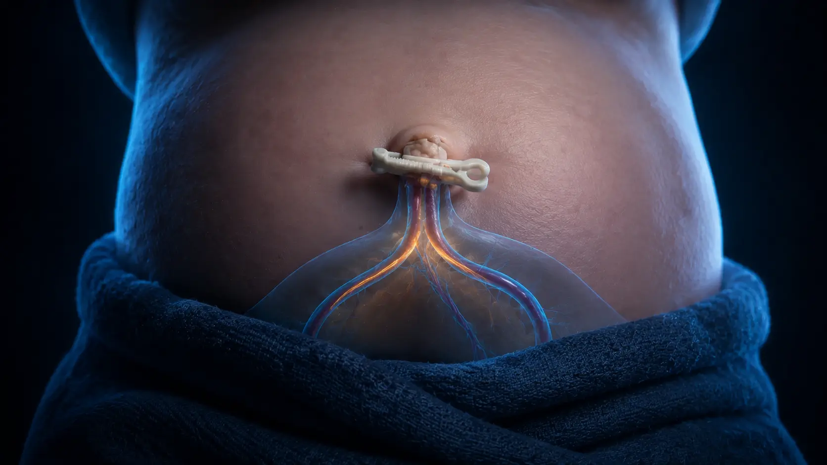 Respectful newborn abdomen with a clamped umbilical cord stump and subtle cutaway showing the umbilical vessels closing after birth