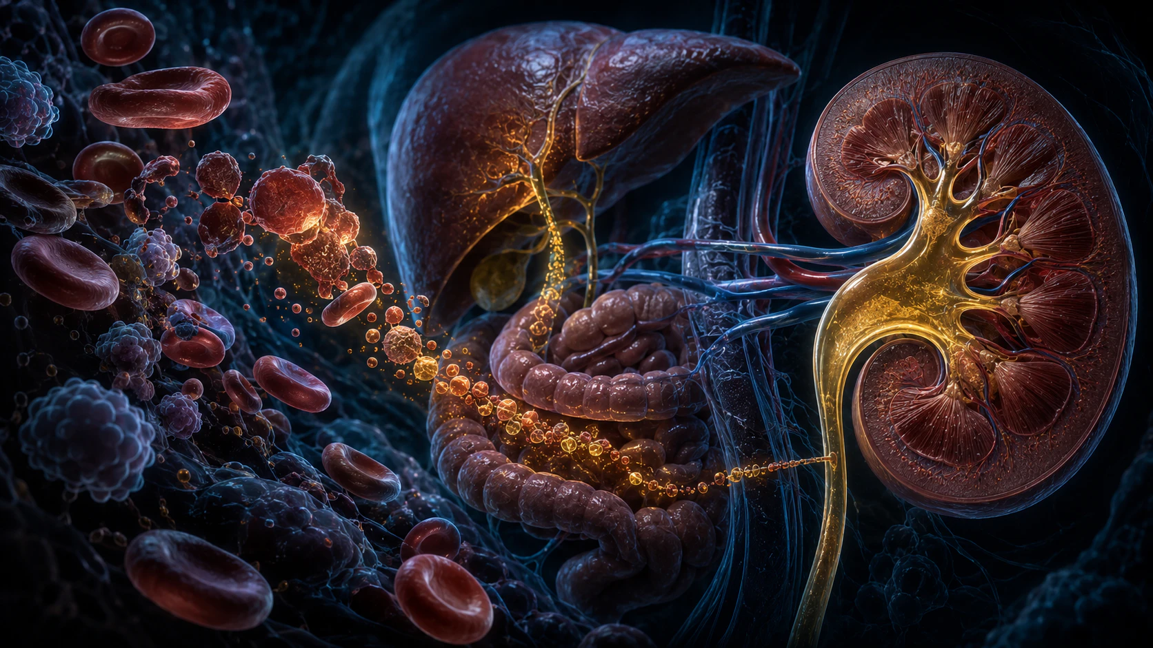 Cinematic biological pathway showing aging red blood cells, liver, intestine and a kidney collecting amber urobilin pigment