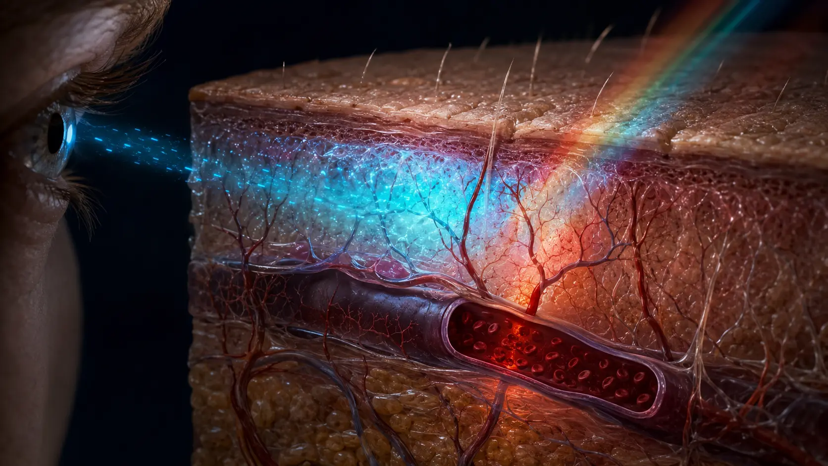 A forearm cross-section with dark red venous blood beneath skin and blue light returning toward the eye