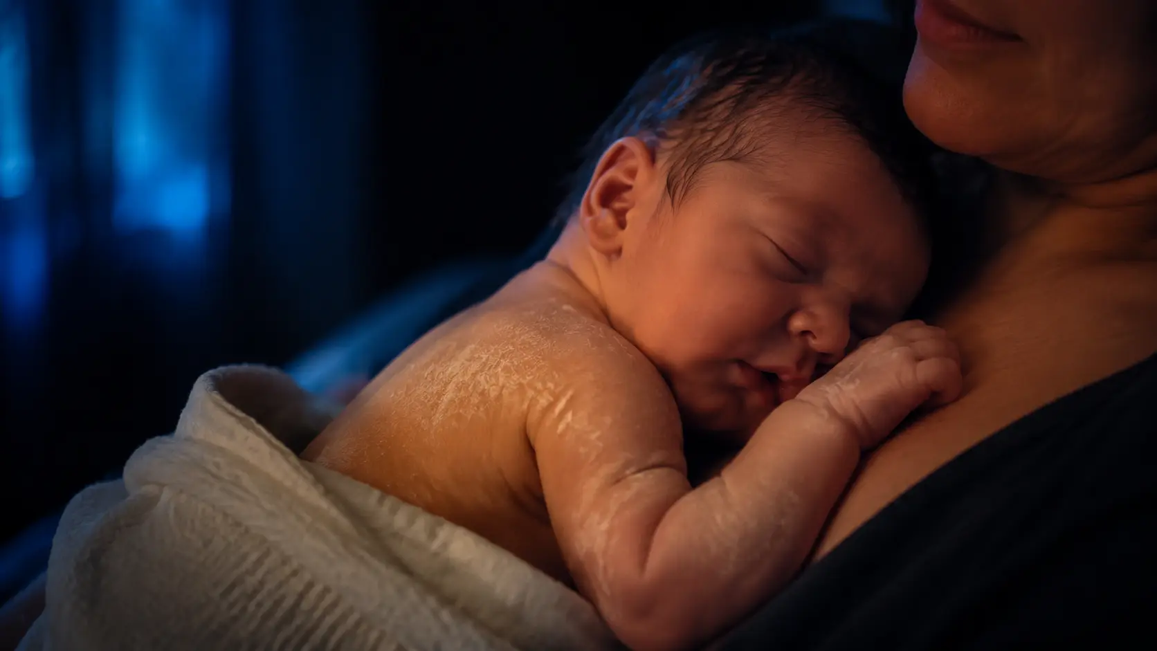 Newborn resting skin-to-skin with natural creamy patches of vernix visible on the shoulder and arm