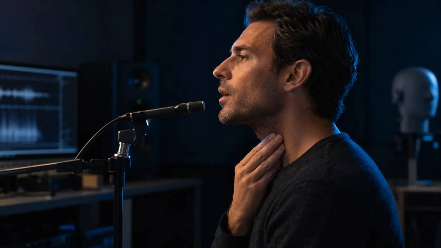 Side profile of an adult speaker producing a sustained sound into a laboratory microphone while touching the front of his throat