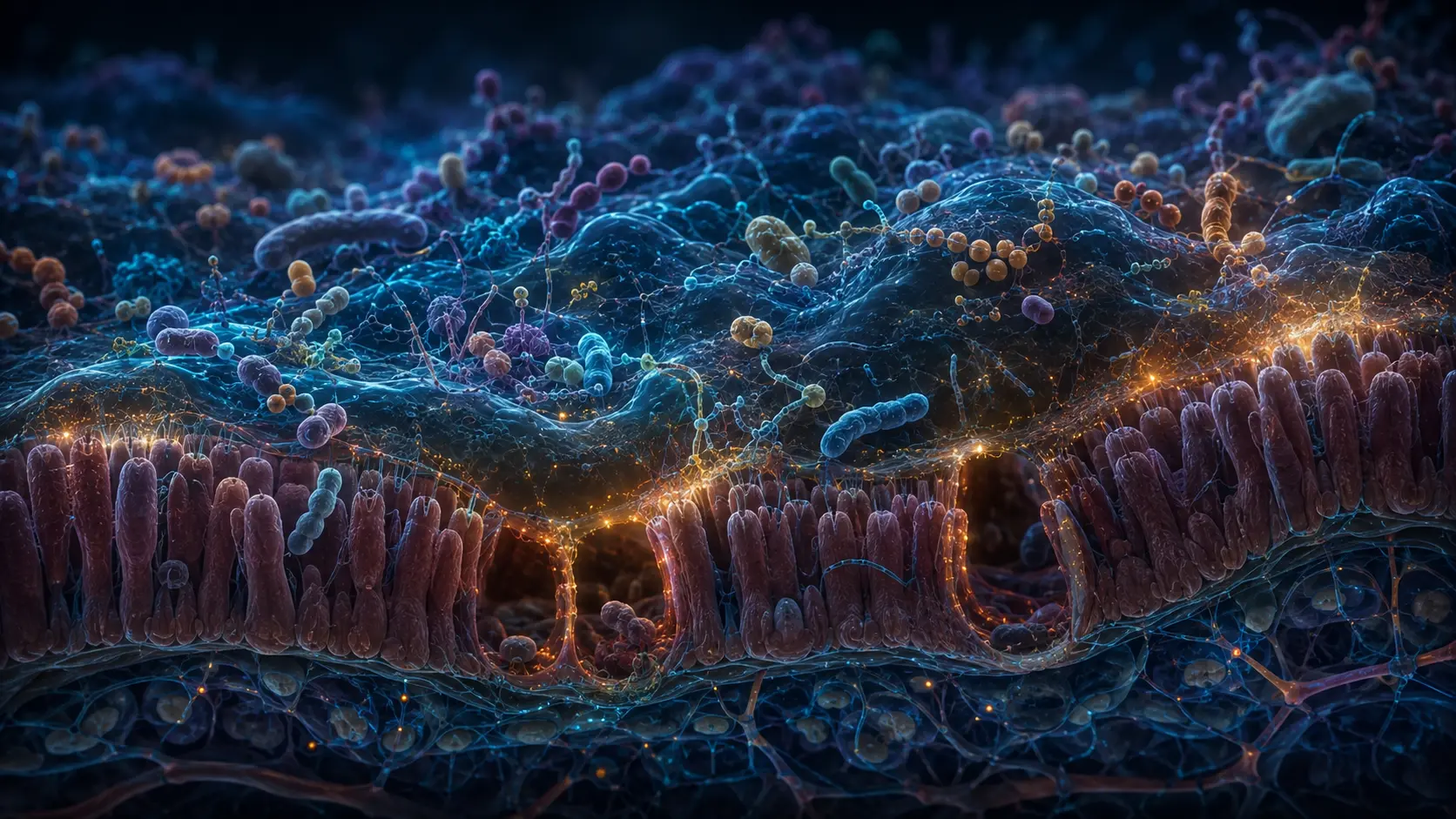 Microscopic intestinal mucosal landscape with diverse cyan microbial communities and restrained amber metabolites interacting with the tissue surface