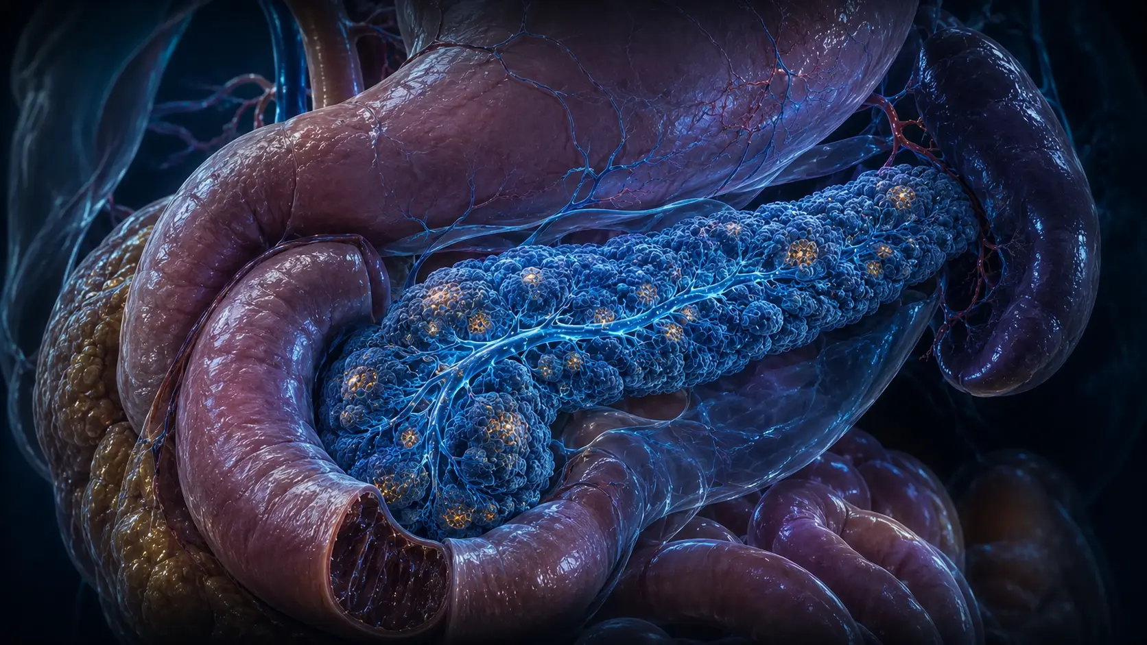 Anatomically integrated pancreas behind the stomach beside the duodenum with cyan ducts, acinar tissue and restrained amber endocrine islets