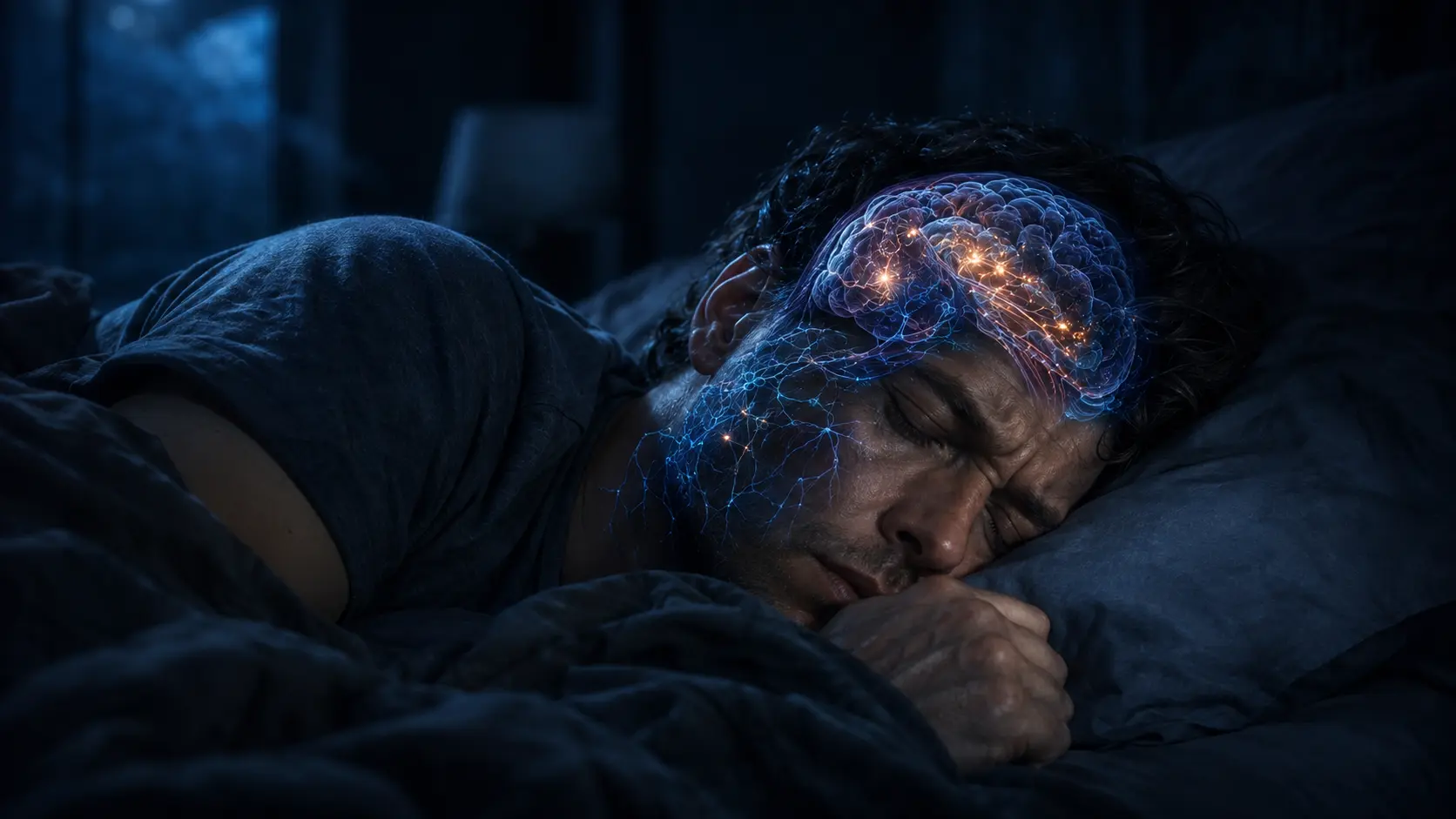 Sleeping adult in a dark bedroom with a subtle cyan brain-network cutaway and restrained amber emotional activity in a tense non-horror dream atmosphere