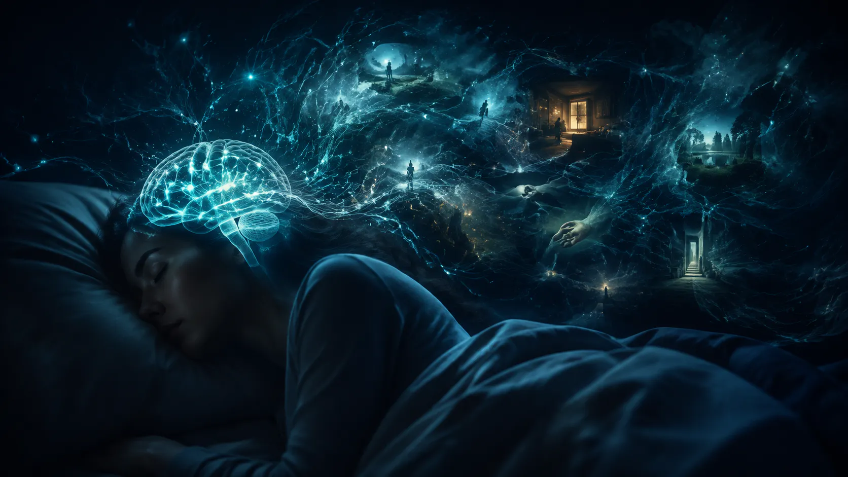 Sleeping silhouette with luminous brain networks assembling fragmented places, faces and memories into a dream scene