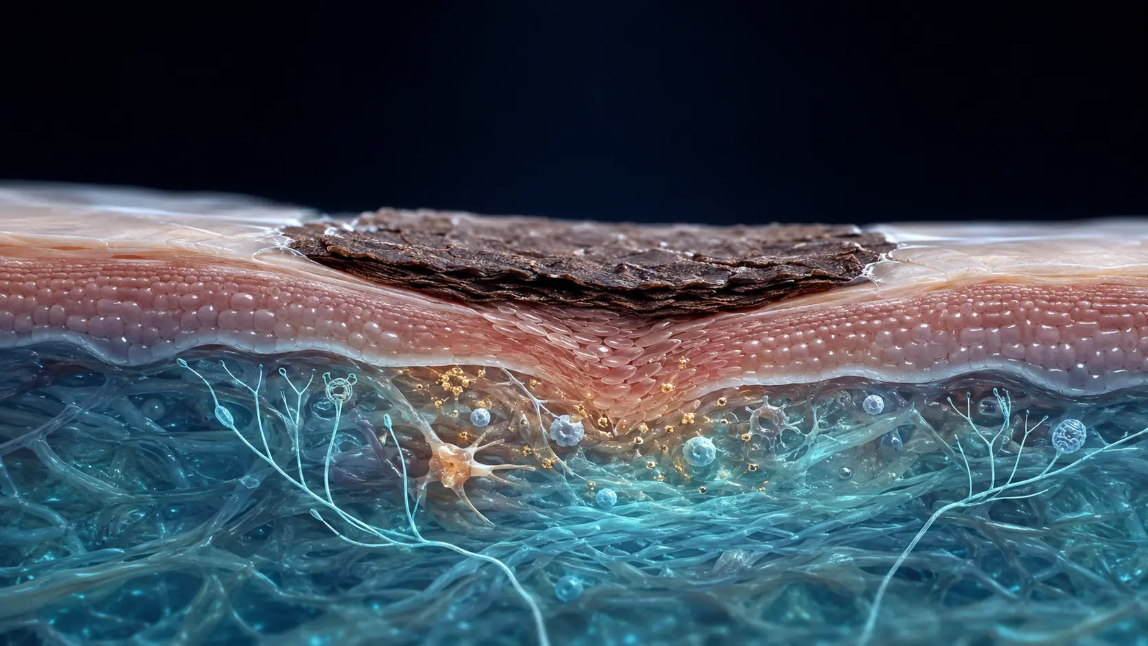 Close scientific view of healing skin with new tissue, nerve fibers and immune signals beneath a small wound