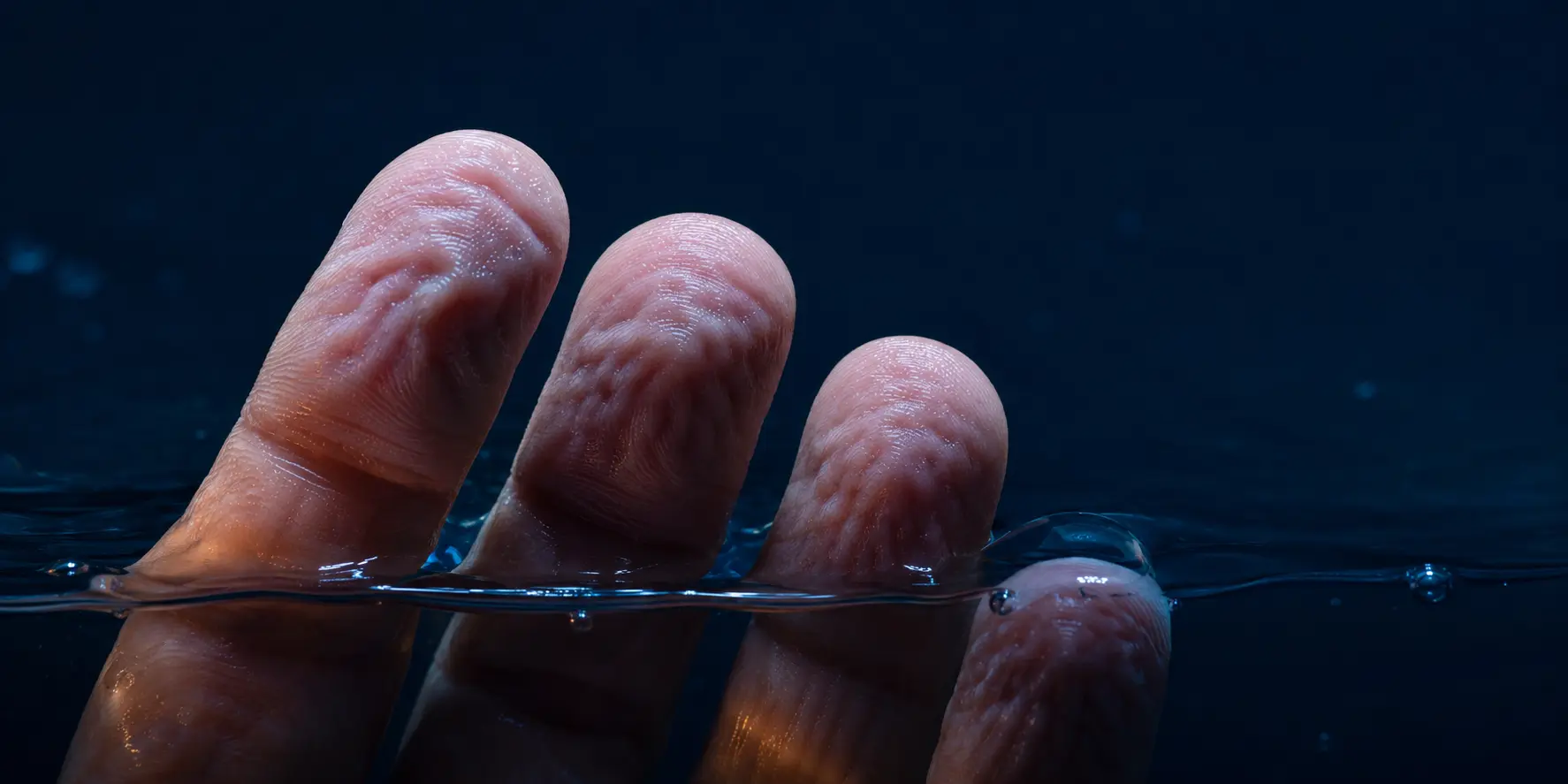 Wet, wrinkled fingertips at the surface of dark water