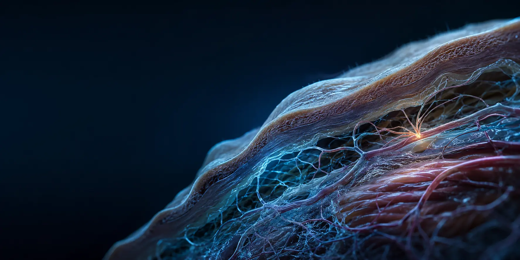 A cinematic macro view of skin, connective tissue, nerves and blood vessels beneath the surface