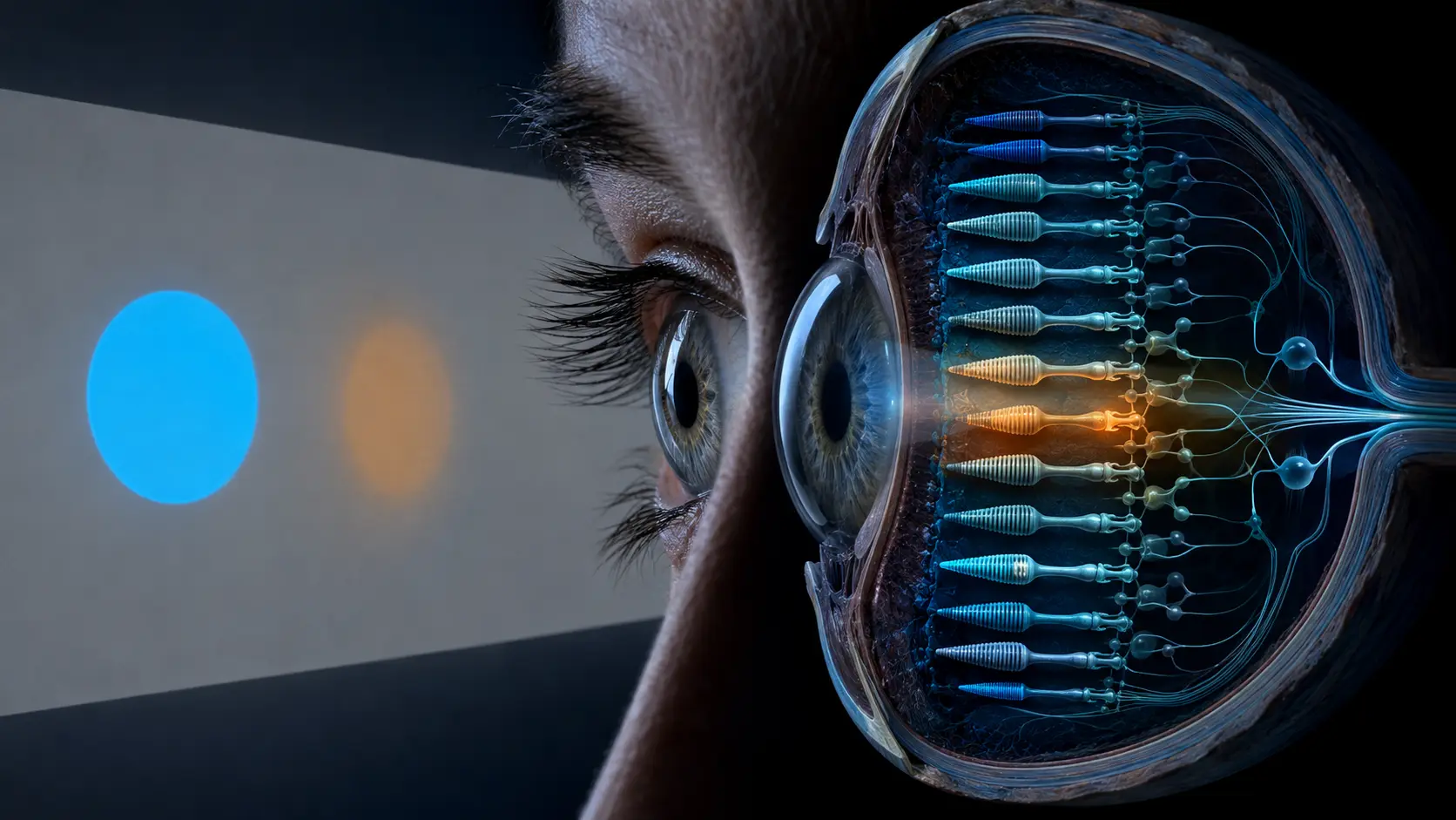 An eye viewing a colored stimulus and its temporary complementary afterimage